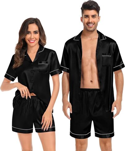 SWOMOG Couples Matching Pajamas Set Satin Short Sleeve Button Down Tops Silk Shorts Pj Lounge Set Soft Sleepwear in Kuwait
