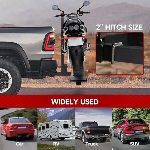 2" Steel Hitch Mounted Motorcycle Carrier with Loading Ramp and Rope, Fit Up to 5" Wide Tire, Maximum load 500LBS, Heavy Duty Hitch-Mounted Dirt Bike Rack for SUVs Cars Trucks RV in Kuwait