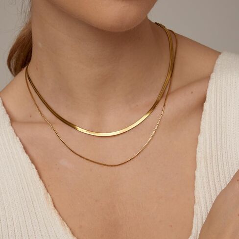 Mauzew 18K Gold Plated Snake Chain Herringbone Necklace Layered Choker Chain Necklaces for Women Dainty Dot Pendant Necklaces Waterproof Jewelry Christmas Gifts for Girls in Kuwait