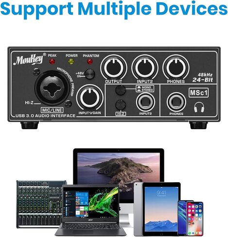 واجهة صوت Moukey USB 3.0، مضخمات ميكروفون مع طاقة فانتوم 48 فولت، 24 بت، تدعم تسجيل الهواتف الذكية والكمبيوتر اللوحي والكمبيوتر وغيرها من المعدات - MSc1 in Kuwait