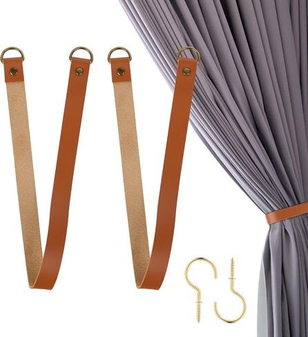 2Pcs Leather Curtain Drape Tiebacks, Curtain Rope Tieback Drape PU Leather Rod Curtain Holder Holdbacks Tiebacks with Hook for Home Offic Living Room Bedroom Cafe Outdoor Light Brown Rural Retro Style in Saudi Arabia