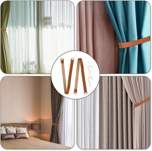 2Pcs Leather Curtain Drape Tiebacks, Curtain Rope Tieback Drape PU Leather Rod Curtain Holder Holdbacks Tiebacks with Hook for Home Offic Living Room Bedroom Cafe Outdoor Light Brown Rural Retro Style in Saudi Arabia