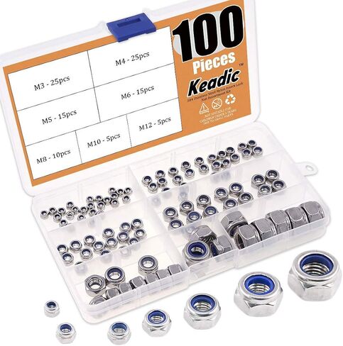 Keadic 100Pcs M3 M4 M5 M6 M8 M10 M12 Stainless Steel Metric Nylon Insert Lock Nut Assortment Kit in Saudi Arabia