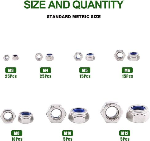 Keadic 100Pcs M3 M4 M5 M6 M8 M10 M12 Stainless Steel Metric Nylon Insert Lock Nut Assortment Kit in Saudi Arabia