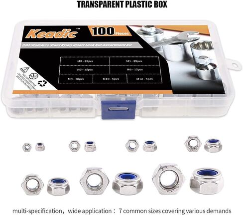 Keadic 100Pcs M3 M4 M5 M6 M8 M10 M12 Stainless Steel Metric Nylon Insert Lock Nut Assortment Kit in Saudi Arabia