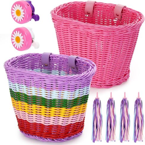 سلة دراجة شاين مي للأطفال، قطعتان من سلة دراجات الفتيات الصغيرة مع ملحقات الدراجة، سلة دراجة أمامية منسوجة يدويًا مع جرس دراجة وشرابات ملونة تنطبق على دراجة ثلاثية العجلات، سكوتر in Kuwait