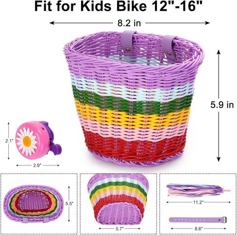 سلة دراجة شاين مي للأطفال، قطعتان من سلة دراجات الفتيات الصغيرة مع ملحقات الدراجة، سلة دراجة أمامية منسوجة يدويًا مع جرس دراجة وشرابات ملونة تنطبق على دراجة ثلاثية العجلات، سكوتر in Kuwait