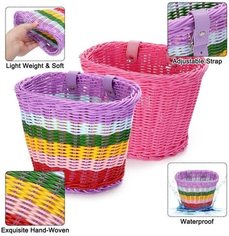 سلة دراجة شاين مي للأطفال، قطعتان من سلة دراجات الفتيات الصغيرة مع ملحقات الدراجة، سلة دراجة أمامية منسوجة يدويًا مع جرس دراجة وشرابات ملونة تنطبق على دراجة ثلاثية العجلات، سكوتر in Kuwait