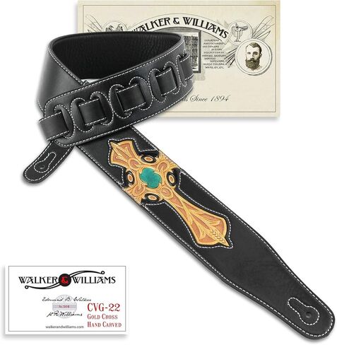Walker & Williams CVG-22 Padded Leather Guitar Strap with Hand Tooled Christian Gold Cross in Saudi Arabia