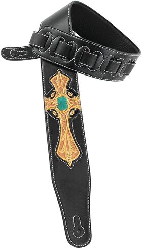 Walker & Williams CVG-22 Padded Leather Guitar Strap with Hand Tooled Christian Gold Cross in Saudi Arabia