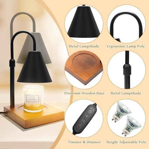 مصباح تسخين الشمعة مع مؤقت، مصباح تسخين الشمع على شكل شموع معدنية كهربائية لشموع البرطمان، مصباح حرارة مؤقت قابل للتعديل وارتفاع قابل للتعديل - بدون لهب شمعة معطرة، مصباح تسخين فانوس مع مصباحين in Kuwait