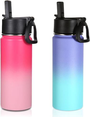 Volhoply 16 OZ Kids Water Bottle Bulk 2 Pack,Insulated Sports Bottles with Straw Lid,Stainless Steel Bottle with Handle Keep Cold&Hot,Double Wall Vacuum Thermos Cups for School(Assorted,Set of 2) in Saudi Arabia