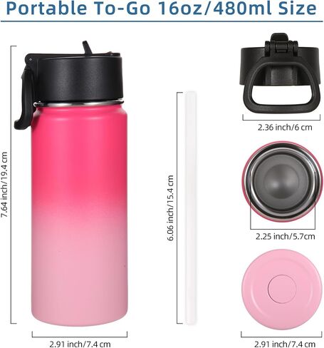 Volhoply 16 OZ Kids Water Bottle Bulk 2 Pack,Insulated Sports Bottles with Straw Lid,Stainless Steel Bottle with Handle Keep Cold&Hot,Double Wall Vacuum Thermos Cups for School(Assorted,Set of 2) in Saudi Arabia