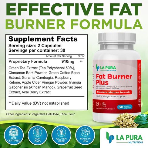 LaPura Fat Burner Plus، 60 كبسولة (عبوتان) - دعم فقدان الوزن، مثبط الشهية، معزز الطاقة، تركيبة ممتازة - مستخلص الشاي الأخضر وحبوب القهوة الخضراء، مسحوق لحاء القرفة in Kuwait