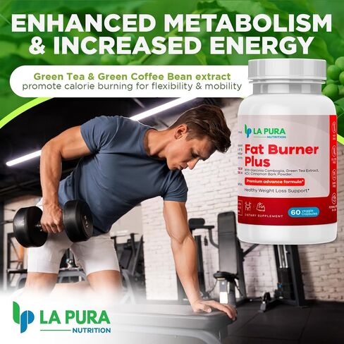 LaPura Fat Burner Plus، 60 كبسولة (عبوتان) - دعم فقدان الوزن، مثبط الشهية، معزز الطاقة، تركيبة ممتازة - مستخلص الشاي الأخضر وحبوب القهوة الخضراء، مسحوق لحاء القرفة in Kuwait