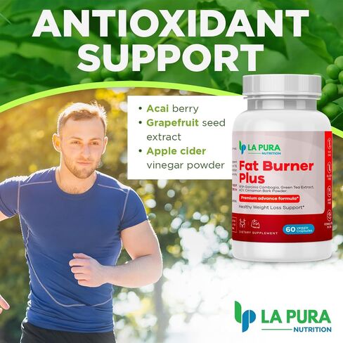 LaPura Fat Burner Plus، 60 كبسولة (عبوتان) - دعم فقدان الوزن، مثبط الشهية، معزز الطاقة، تركيبة ممتازة - مستخلص الشاي الأخضر وحبوب القهوة الخضراء، مسحوق لحاء القرفة in Kuwait