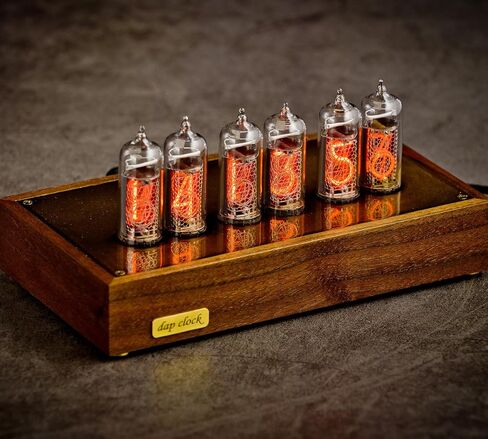 Nixie Tube Clock IN-14 هيكل من الخشب والنحاس وساعة طاولة كلاسيكية بإضاءة خلفية زرقاء in Saudi Arabia