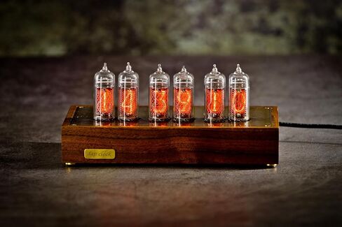 Nixie Tube Clock IN-14 هيكل من الخشب والنحاس وساعة طاولة كلاسيكية بإضاءة خلفية زرقاء in Saudi Arabia