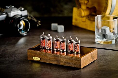Nixie Tube Clock IN-14 هيكل من الخشب والنحاس وساعة طاولة كلاسيكية بإضاءة خلفية زرقاء in Saudi Arabia