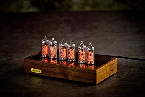 Nixie Tube Clock IN-14 هيكل من الخشب والنحاس وساعة طاولة كلاسيكية بإضاءة خلفية زرقاء in Saudi Arabia