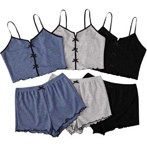 SHENHE Women's 3 Sets Cute Sleepwear Bow Front Lettuce Trim Cami and Shorts Pajama Set