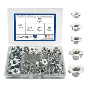 XINGYHENG 90Pcs M3 M4 M5 M6 M8 T Nuts Four Claw Nuts Assortment Kit Zinc Plated Carbon steel for Woodworking Cabinetry Furniture Fastener Climbing Holds