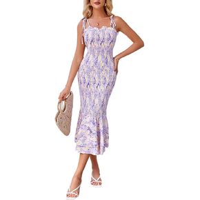 GRACE KARIN Women's 2024 Summer Floral Smocked Sundress Midi Bodycon Sleeveless Ruffle Hem Casual Dress
