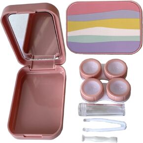 Pink Contact Lens Case Travel Kit Portable Contact Case with Mirror Tweezers Remover Tool Solution Bottle for Daily Outdoor Office