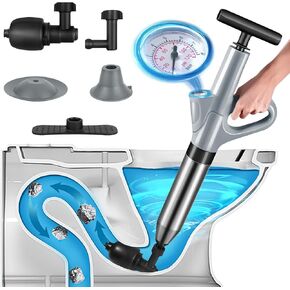 Air Pump Plunger for Toilet, 6Pcs Stainless Steel Toilet Plunger Set, High Pressure Air Plunger with Visual Barometer, Drain Plunger Plumbing Tools for Sinks, Bathrooms, Kitchens, Clogged Pipes