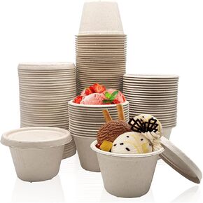 Goiio 50 Pcs 4 Oz Bagasse Fiber Condiment Cups with Lids, Compostable Portion Cups, Disposable Souffle, for Snack Dressing Food Storage