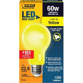 Feit Electric A19 Outdoor LED Bug Light, 60-Watt Equivalent, Non-Dimmable LED Light Bulb, E26 Medium Base, 120V, 22 Years Lifetime, Yellow, Pack of 1, A19/BUG/LED/BX
