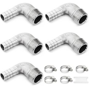 5PCS Stainless Steel 90 Degree Elbow Fitting, Josaton Hose Barb Fittings 1/2'' Barb to 1/2'' NPT Elbow Male Adapter for Fuel Air Oil Gas, with Hose Clamps