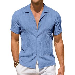 DEMEANOR Linen Shirts for Men Short Sleeve Mens Linen Shirt Textured Casual Button Down Shirts Linen Summer Beach Shirts