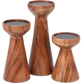 BIRDROCK HOME 3pc Flare Candleholders - Farmhouse Wooden Candle Holders - Table Centerpiece - Pillar Stand (Natural)