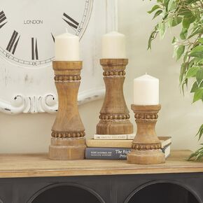 Deco 79 Wood Beaded Pillar Candle Holder, Set of 3 12", 9", 7"H, Brown