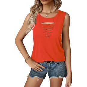 SweatyRocks Women's Sleeveless Round Neck Tank Top Summer Casual Ripped Cut Out Tops