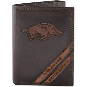 NCAA Arkansas Razorbacks Zep-Pro Pull-Up Leather Trifold Embossed Wallet, Brown