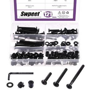 Swpeet 123Pcs M6 Carbon Steel Black Hex Drive Socket Cap Bolts and Threaded Inserts Nuts with T Nut 4 Pronged Tee Blind Nuts and Flat Washers Kit, 1Pcs Wrench Bolts Fully Threaded Hex Socket Screws