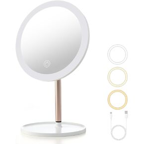 YEAKE Lighted Makeup Mirror,8.5" Large Rechargeable Vanity Mirror with 3 Color Lights,Dimmable Touch Screen, Brightness Adjustable Desk Tabletop Mirror,Portable Table Cosmetic Mirror for Travelling