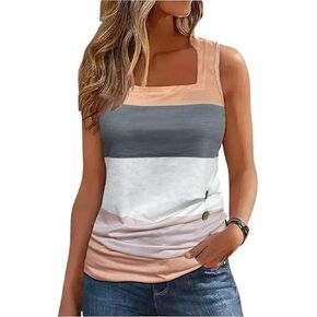 CHUNTIANRAN Color Block Ruched Button Square Collar Tank Top for Women Summer Tank Tee Casual Loose-Fit Sleeveless Shirt