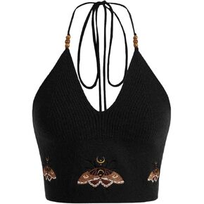 Verdusa Women's Halter V Neck Sleeveless Tie Backless Knit Crop Halter Top