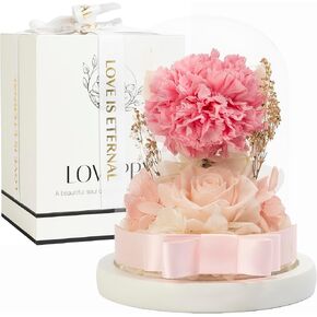 Flowers for delivery prime: Preserved Rose and Carnation in Glass Dome - Romantic Home Decor and Gift - Fresh Bouquet, Forever Flowers, Ideal for Birthday