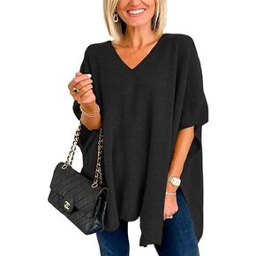 Melliflo Women V-Neck Poncho Sweater Solid Lightweight Cashmere Shawl Wrap Cape Pullover Sweaters Baggy Tops