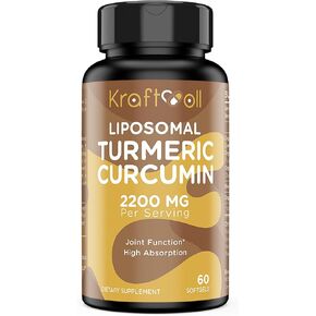 Liposomal Turmeric Curcumin Supplement 2200 mg with Black Pepper Extract 15 mg for High Absorption and Joint Function, 60 Softgels for Adults