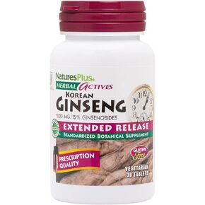 Natures Plus Herbal Actives Korean Ginseng, Extended Release - 1000 mg, 30 Vegan Tablets - Adaptogenic Herbal Supplement, Antioxidant - Vegetarian, Gluten-Free - 30 Servings