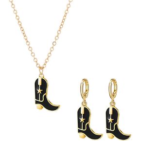 Dreuyet Cowgirl Boot Earrings and Necklace Set for Women Girls Dainty Fashion Western Cowboy Boots Chain Necklace 14K Gold Plated Cowboy Hat Pendant Necklace Western Style Jewelry Gift