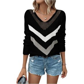 SOLY HUX Women's V Neck Sweater Long Sleeve Chevron Pattern Pointelle Knit Pullover Top