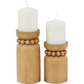 Deco 79 Wood Beaded Pillar Candle Holder, Set of 2 8", 6"H, Brown