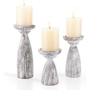 Rustic Wood Candle Holders for Pillar Candles Set of 3, White wooden candle holder for dining tables centerpieces, farmhouse living room decor, Mantel Decorations for Fireplace