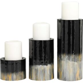 Deco 79 Metal Colorblock Candle Holder with Gold and Silver Streaks, Set of 3 11", 7", 4" H, Black